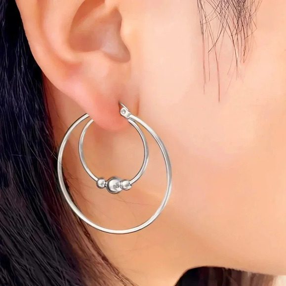 ๐๏ธ Elegant Silver Beaded Stainless Steel Hoop Earrings โ 1.4" Inner Diameter - Picture 3 of 11
